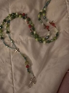 Handmade Rosary Green and Red Beaded Cross Necklace